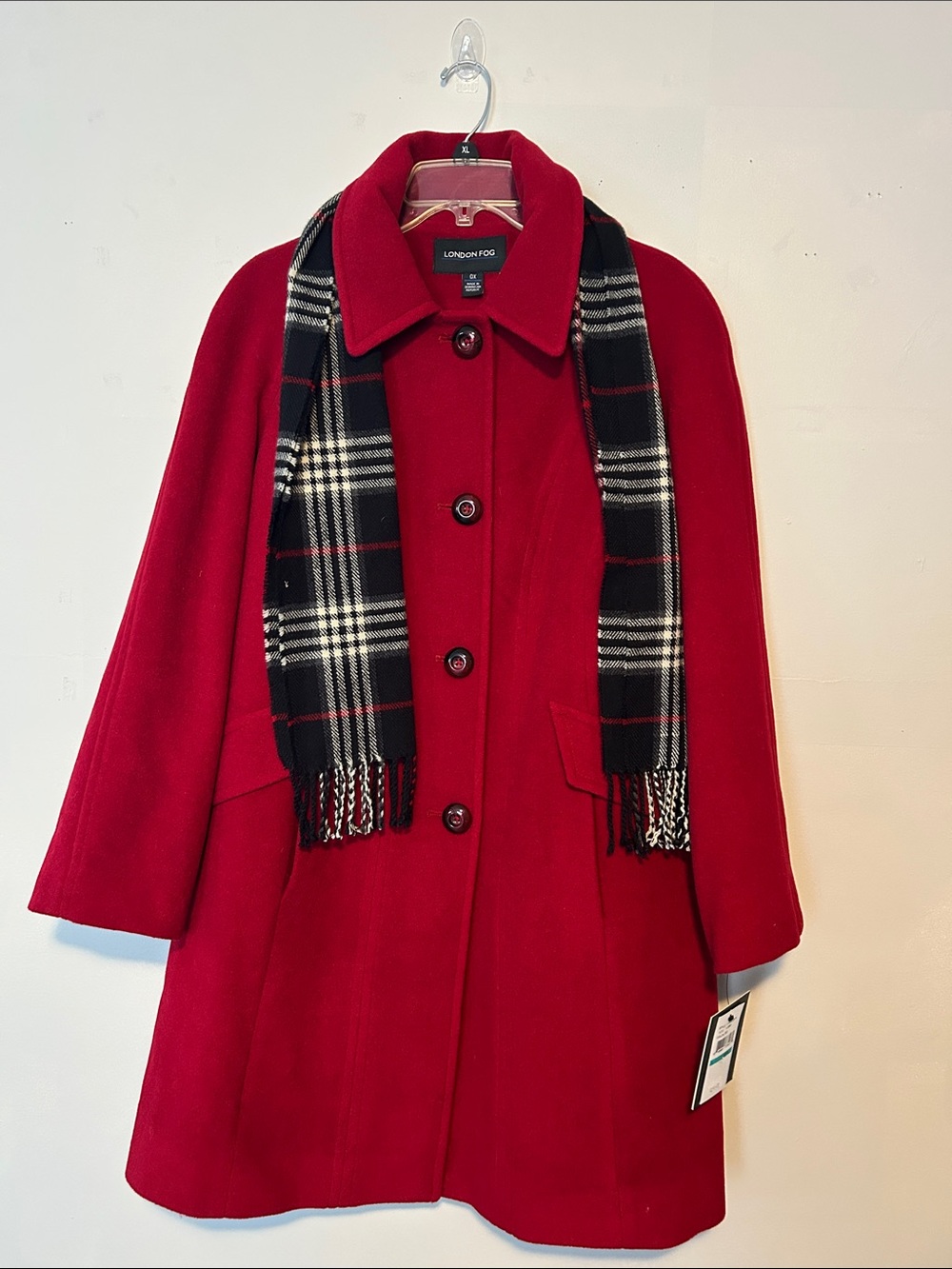 London Fog Women's Red Wool-Blend Peacoat with Plaid Scarf